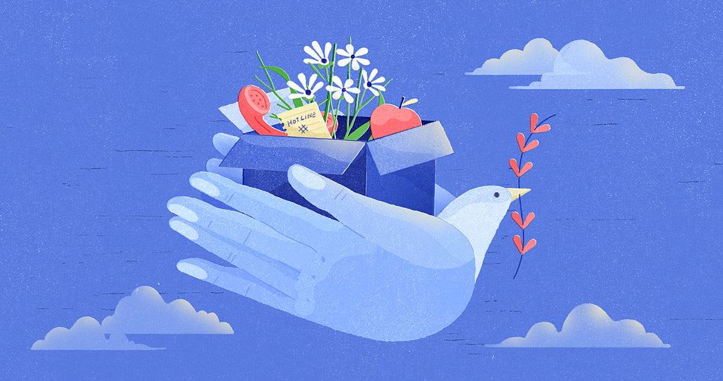 Illustration of hands with a bird head holding flowers, a phone, and an apple, flying in the clouds