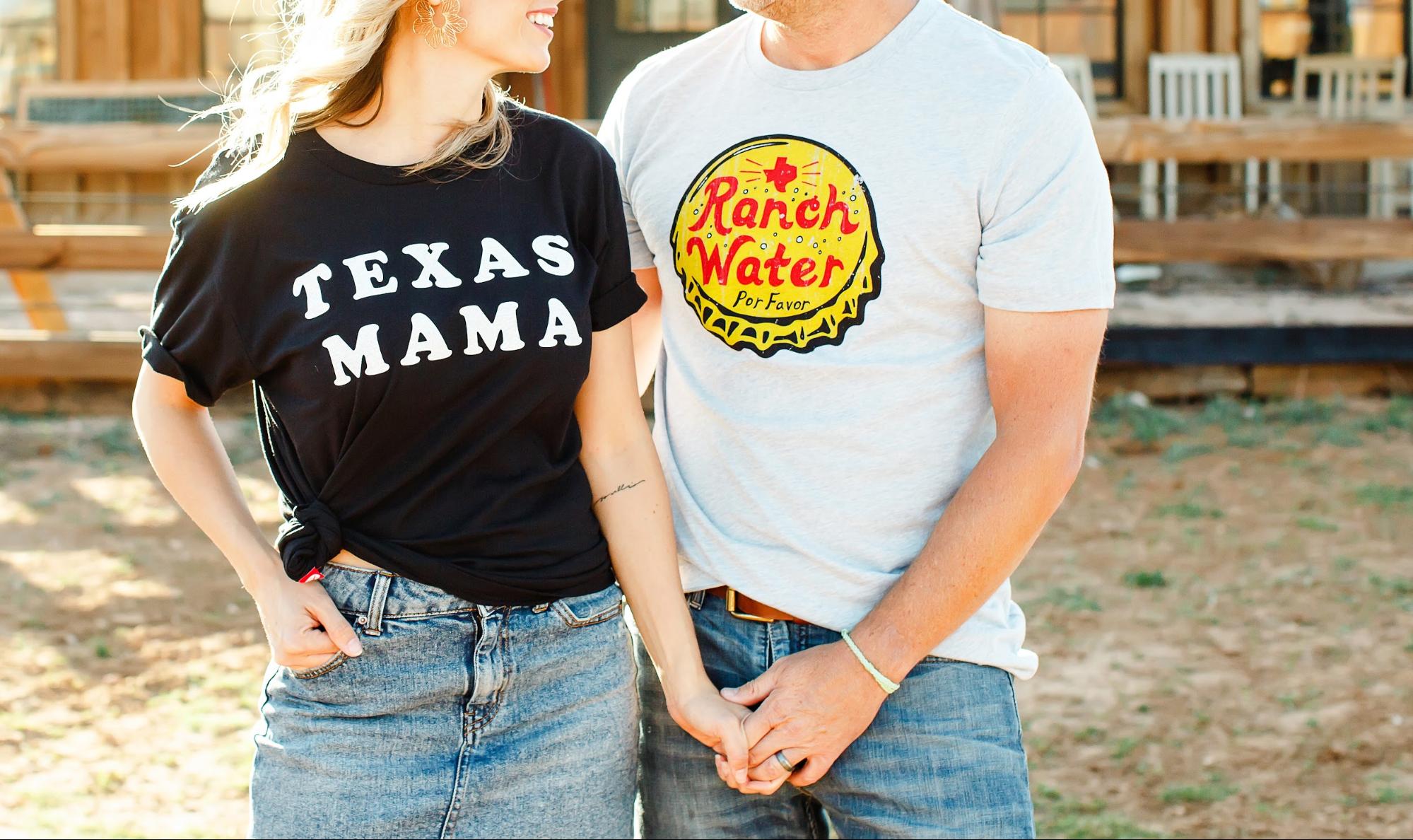 A female model in a black t-shirt and male model wearing a white t-shirt, both with Tumbleweed Texstyles designs.  