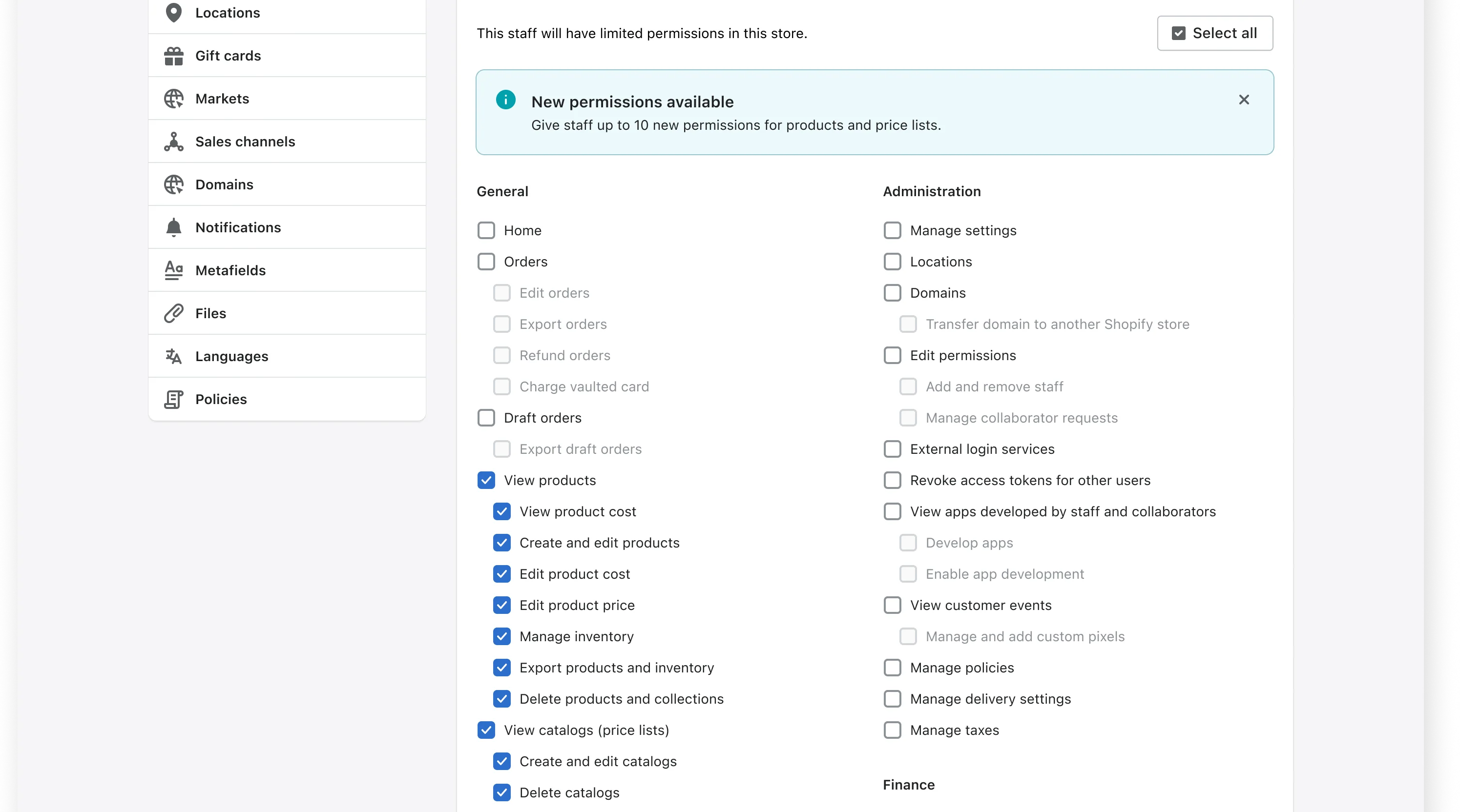 New Shopify product permissions 