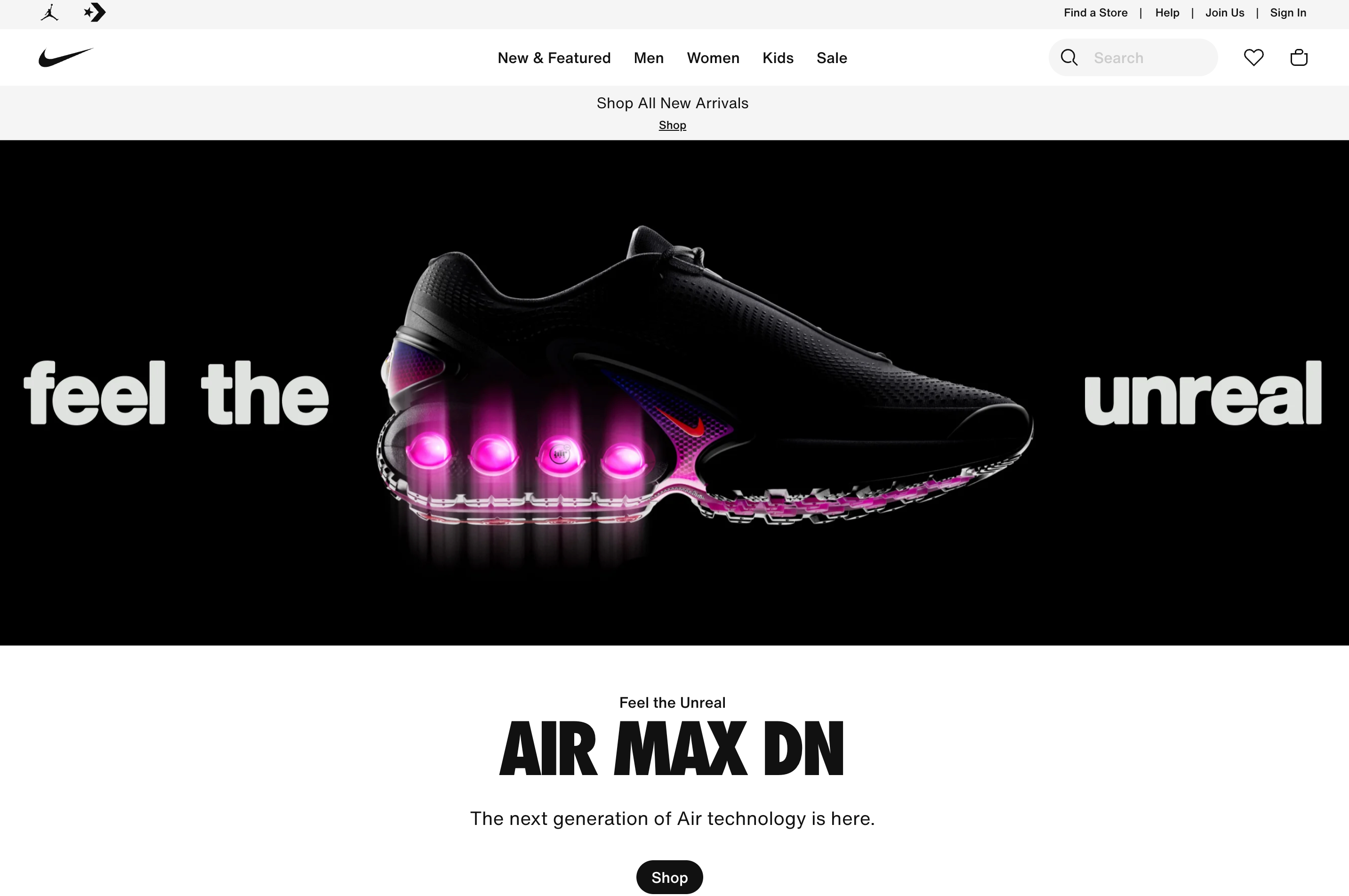 Nike homepage with large image of air max dn shoe