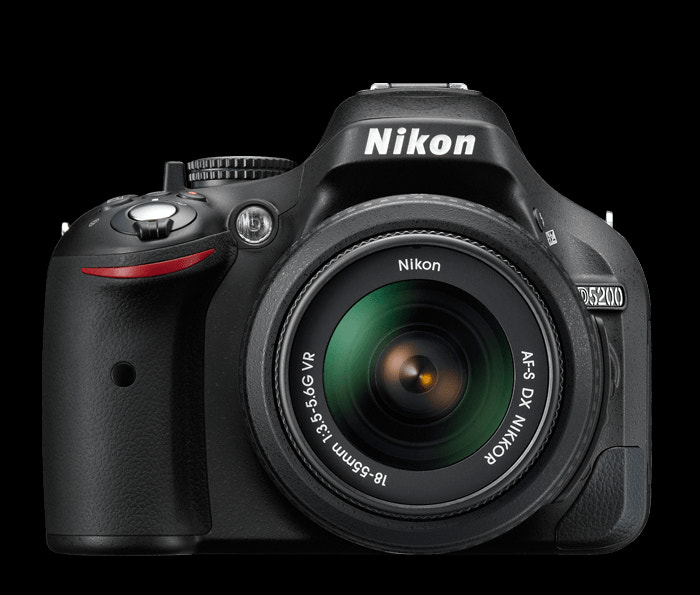 Front-facing view of Nikon D5200 camera.