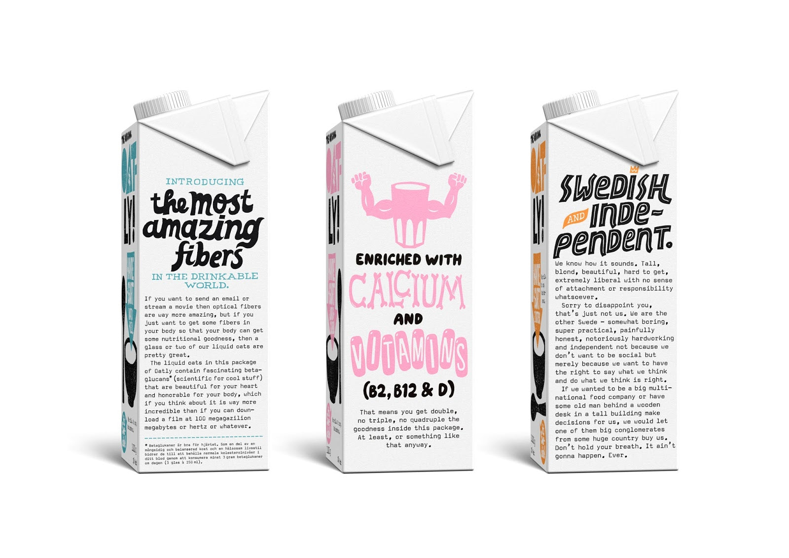 Three bottle of Oatly oat milk showcase the brand's storytelling on a packaging example