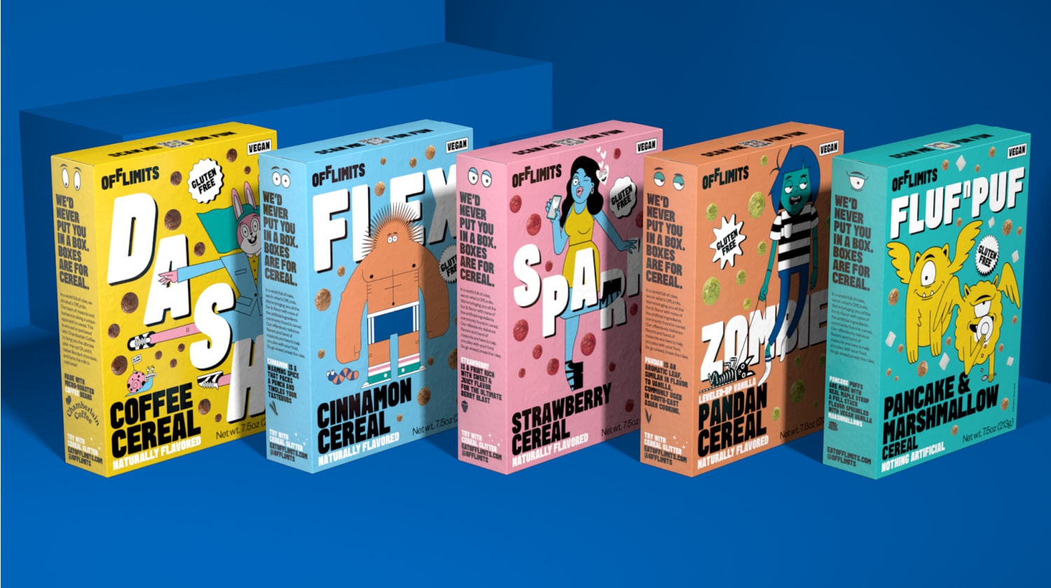An array of OffLimits cereal boxes on a blue background