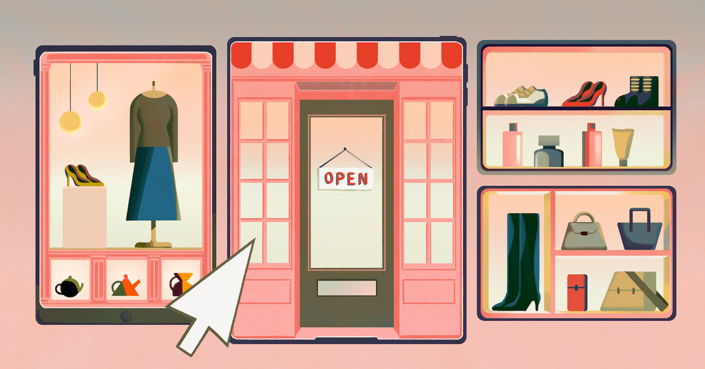 精品零售商店前面的插图，其窗口显示作为在web浏览器中单击的选项