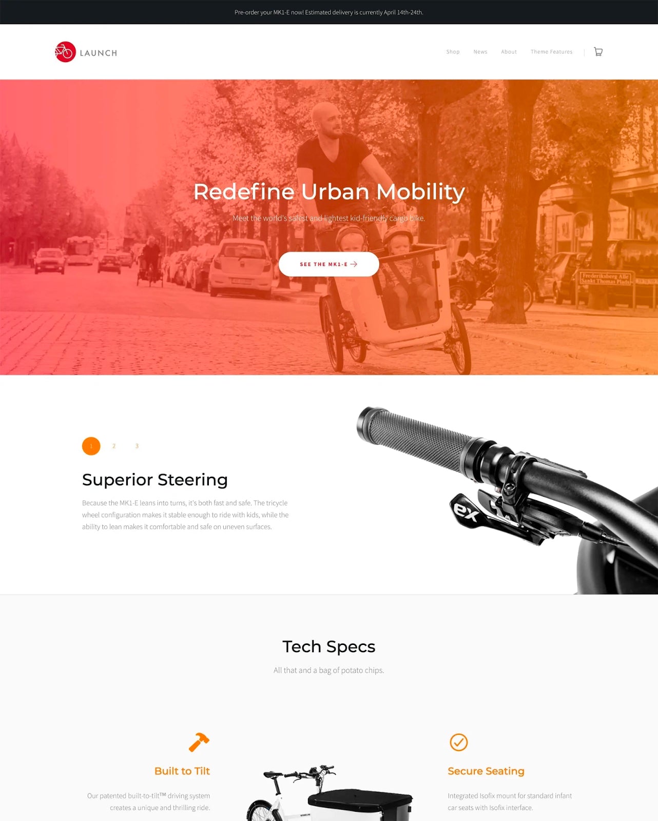 Screenshot of the Launch theme from Shopify, red and orange color palette, website header design