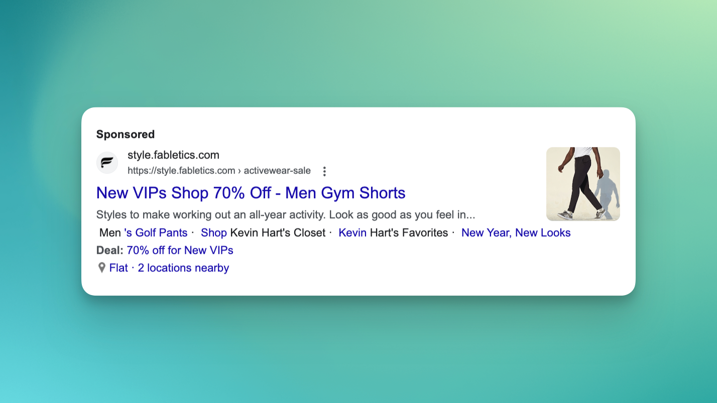 A PPC paid search ad by Fabletics that offers 70% off of men's gym shorts