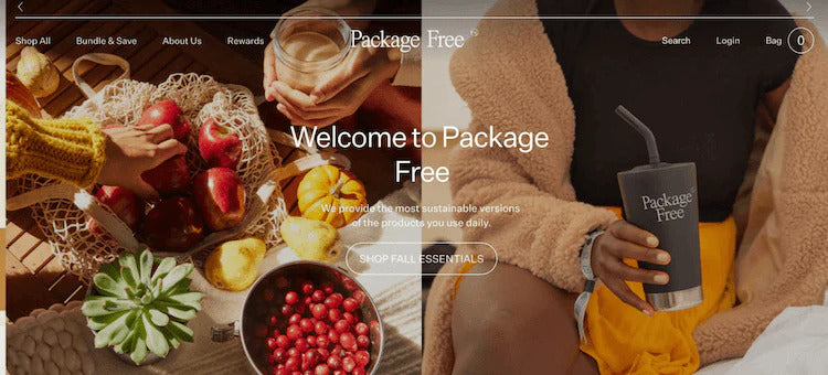 Screenshot of homepage to sustainable household goods company Package Free.