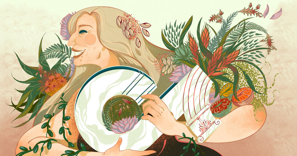 伊莱尼娅·米尔(Islenia mill)描绘的“TikTok for business”的插画——一位女士拿着一个形状像TikTok标志的花瓶，里面装满了植物