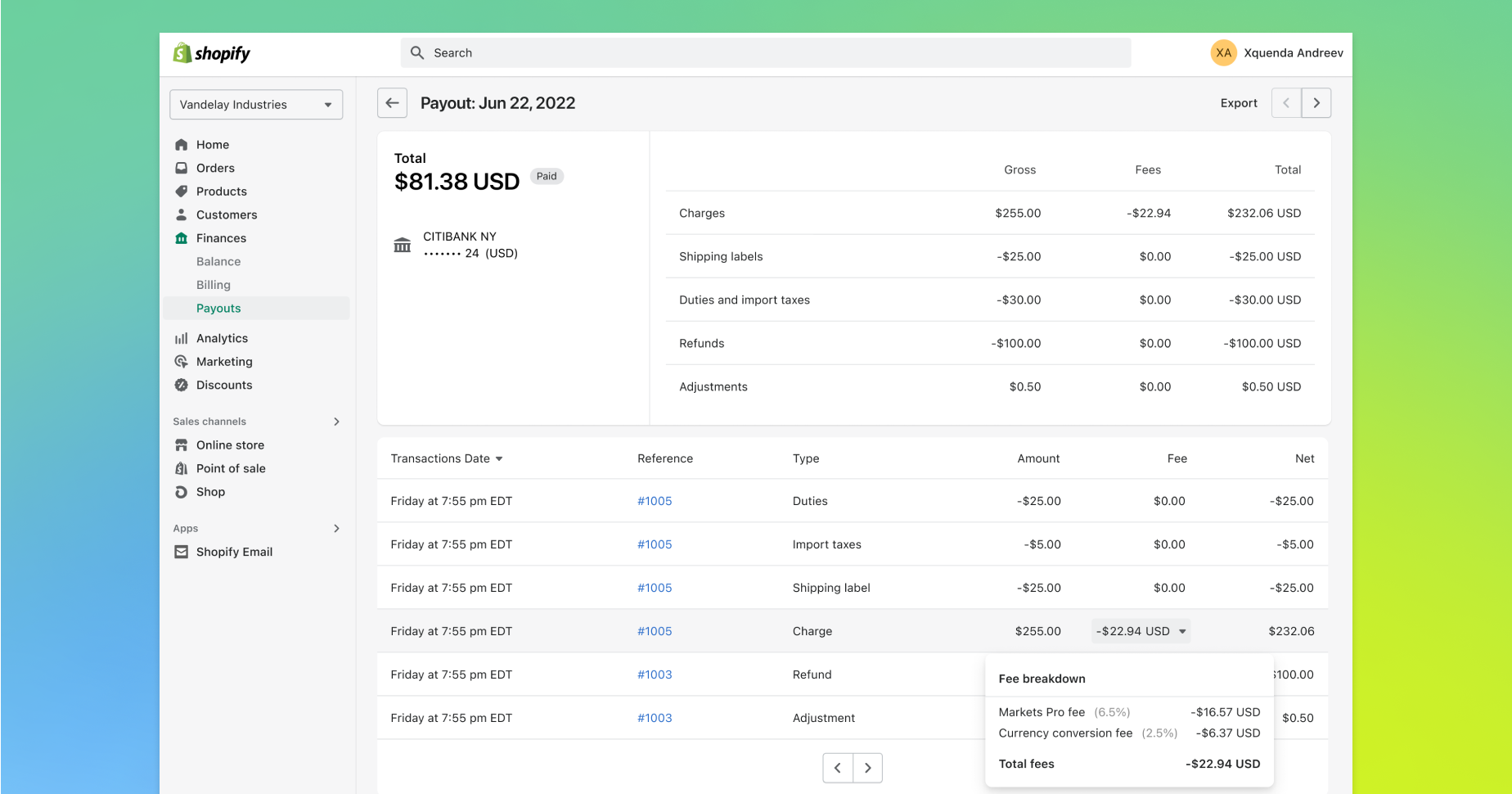 Shopify admin showing store payouts, with Markets Pro and currency conversion fee breakdown highlighted