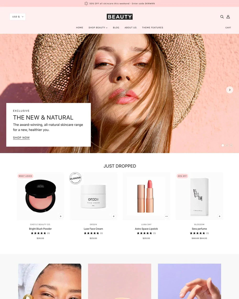 Screenshot of the Blockshop theme from Shopify, pastel pink and purple color palette, website header design template.