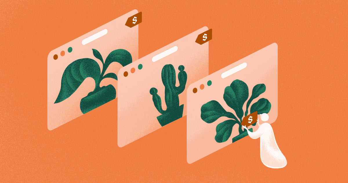 Illustration of a person arranging ecommerce elements on oversized browser windows featuring plants