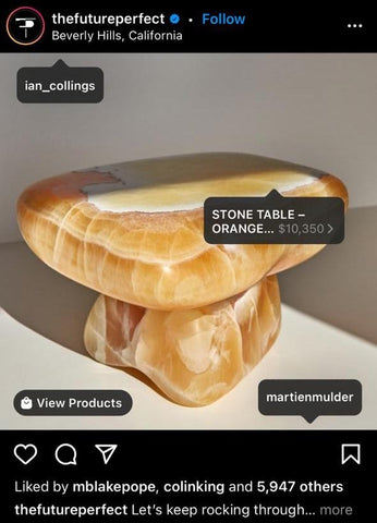 Instagram shoppable post idea showing a stone table with product prices and links