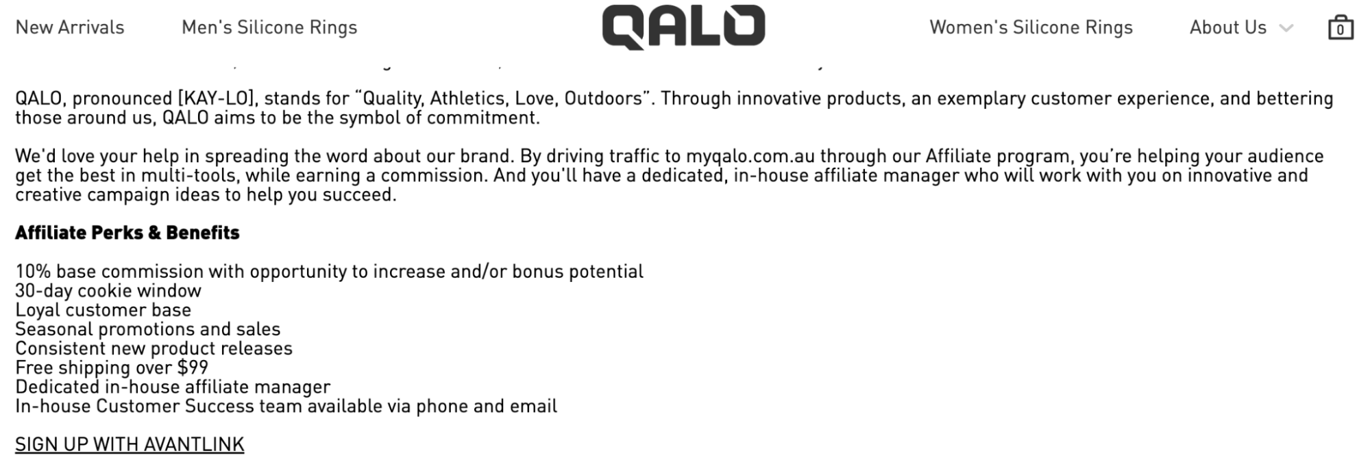 QALO affiliate program webpage with information on affiliate perks and benefits.