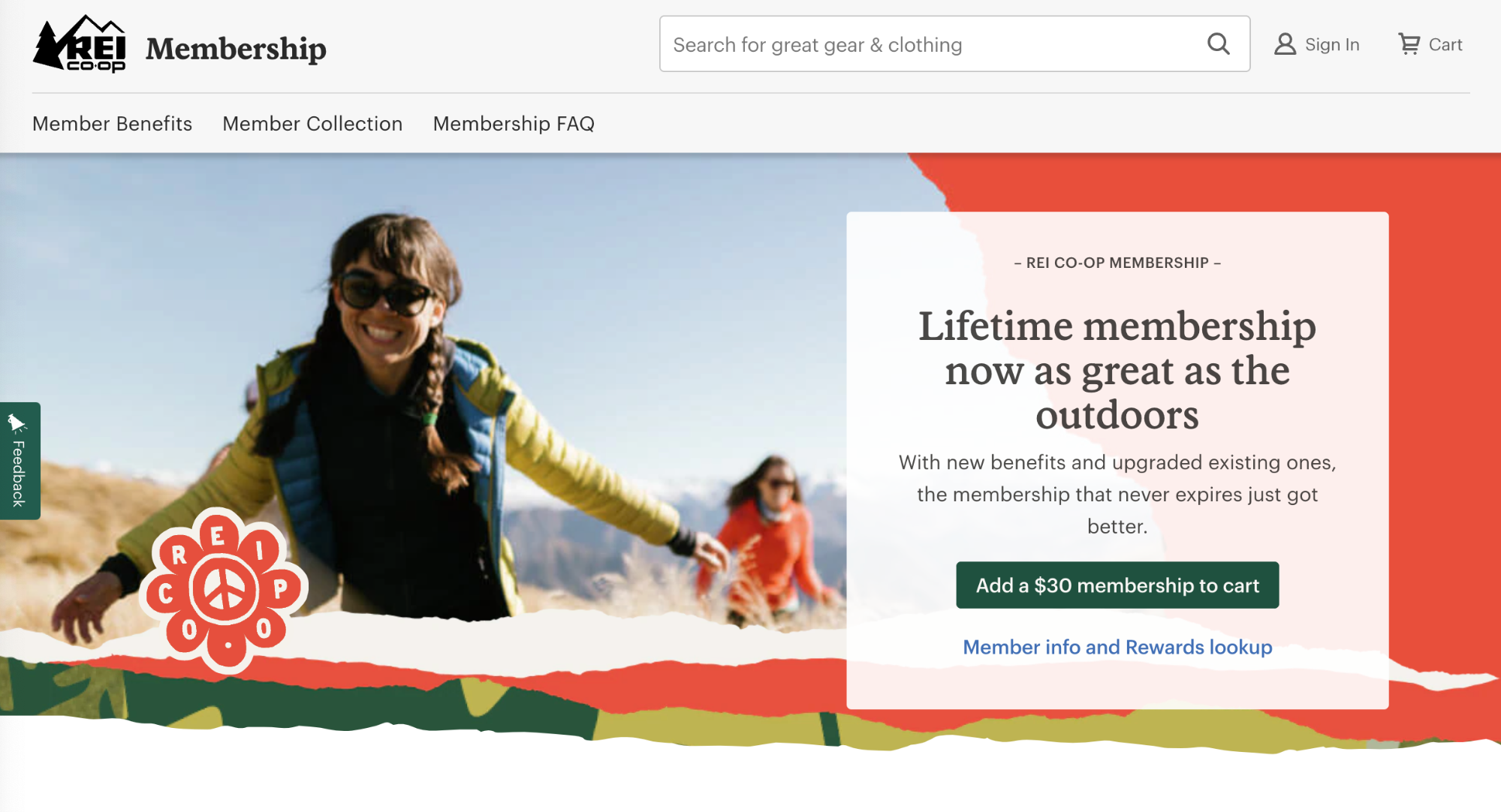 The REI membership landing page with an image of a woman outdoors and a CTA