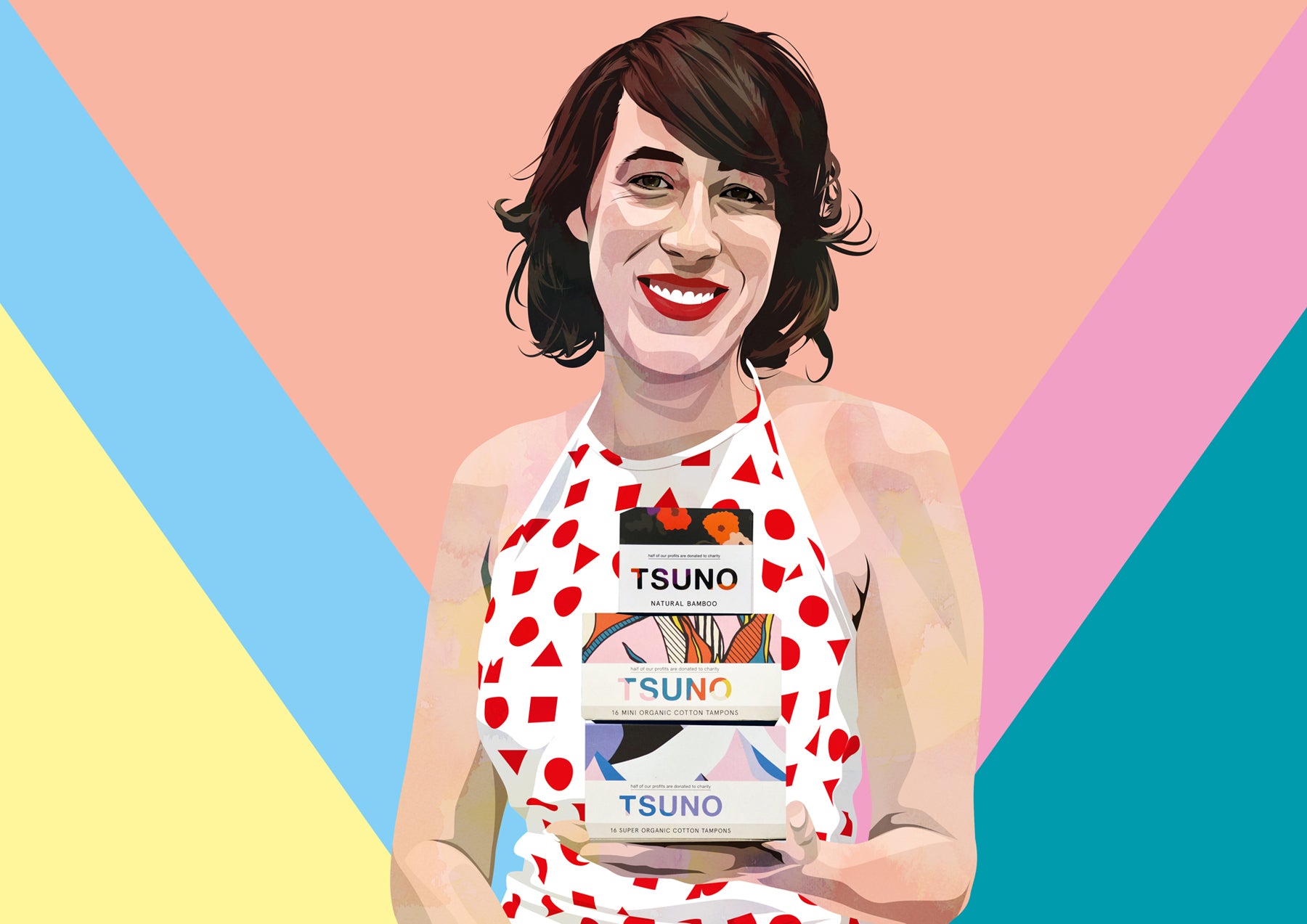 Illustration of Roz Campbell, founder of social change brand Tsuno, holding a stack of three boxes that read "TSUNO".