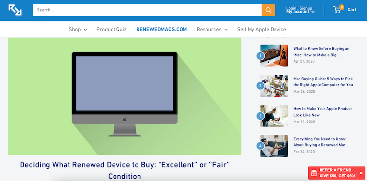 Screenshot of RenwewedMacs blog homepage with featured blog post