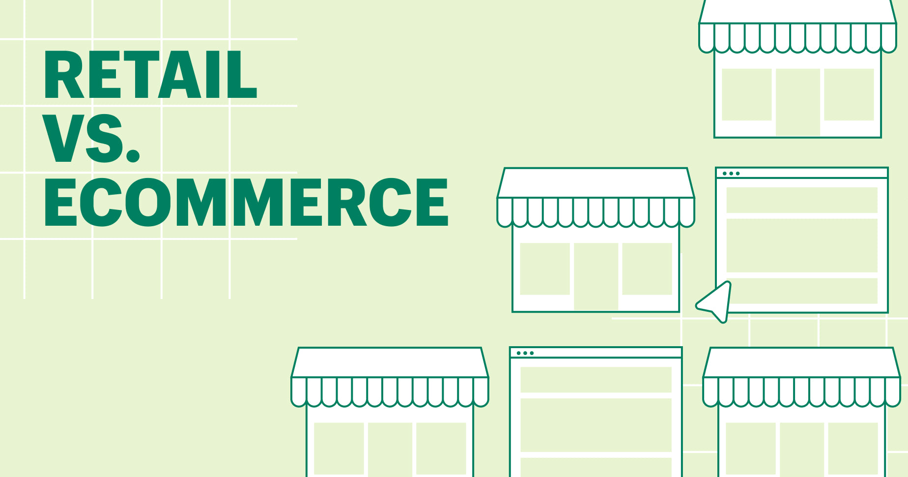 Graphic of multiple storefronts and browsers. pages stacked. Title reads "retail vs ecommerce"