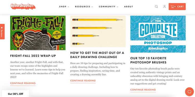 RetroSupply Co. blog homepage with three recently published posts with its blog header and a description under each page