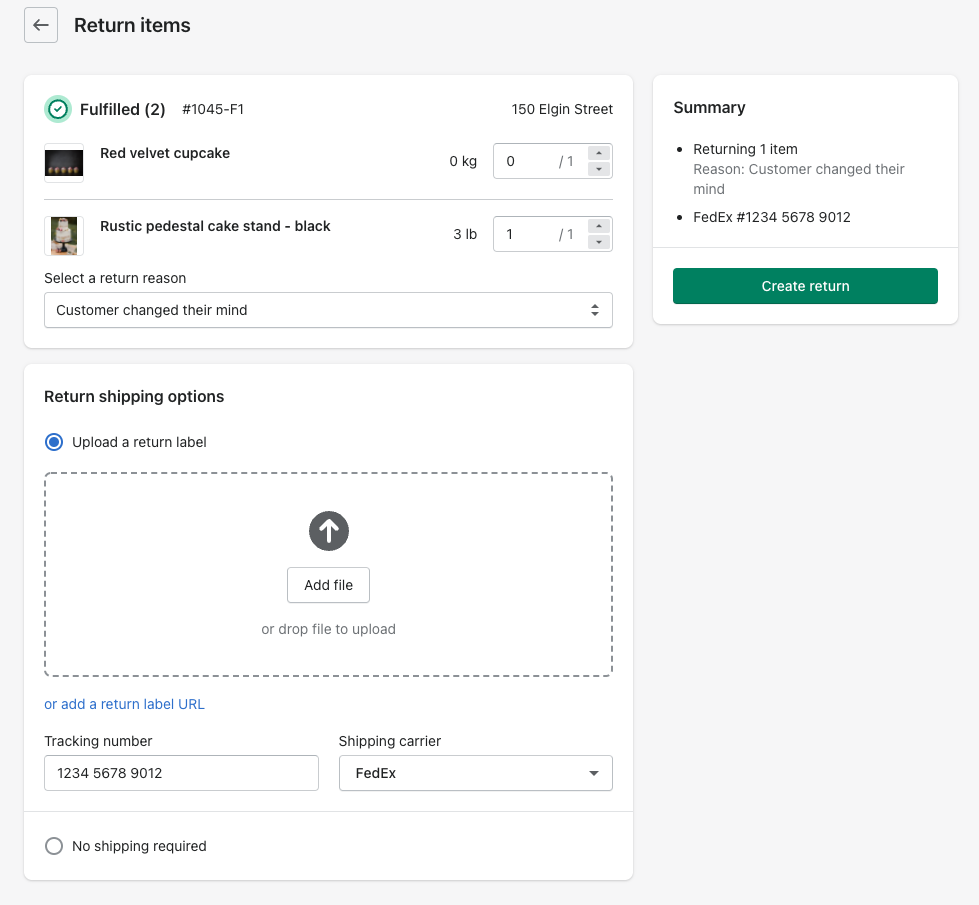Shopify return label screen with an option to create a unique return for two items.