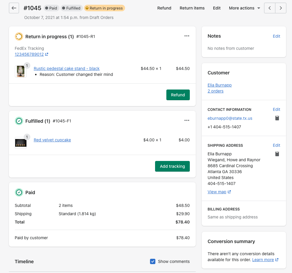 Shopify platform with information on a return status with options to refund and add tracking.