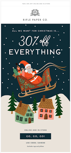 Rifle Co.'s illustration on Santa in a sleigh, with 30% off everything discount announcement above