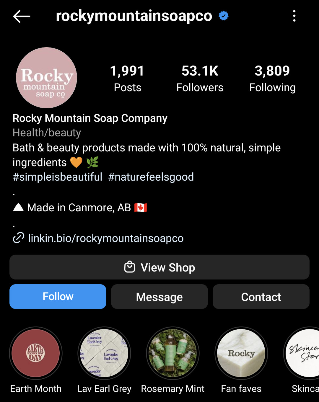 screenshot of Rocky Mountain Soap Co. Instagram bio