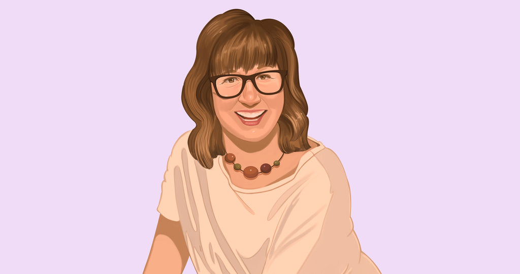 Portrait illustration of Rowena Montoya, the founder of Julie Ann Caramels, wearing a peach shirt and eye glasses.