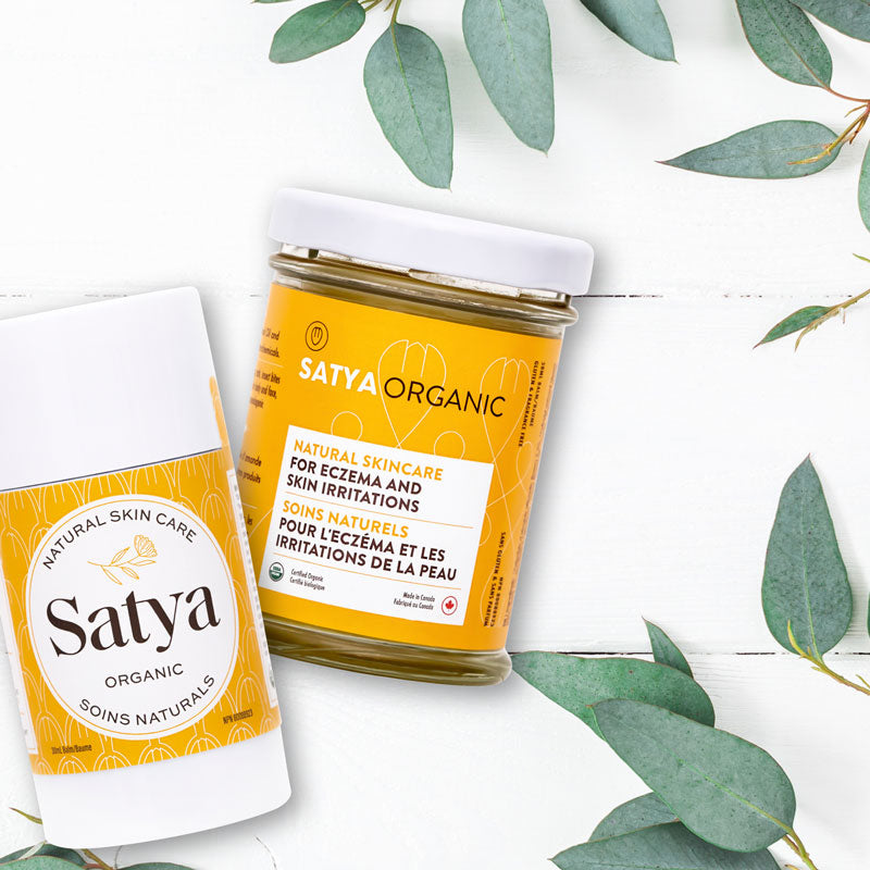 The jar and stick format of the Satya formula for eczema relief. 