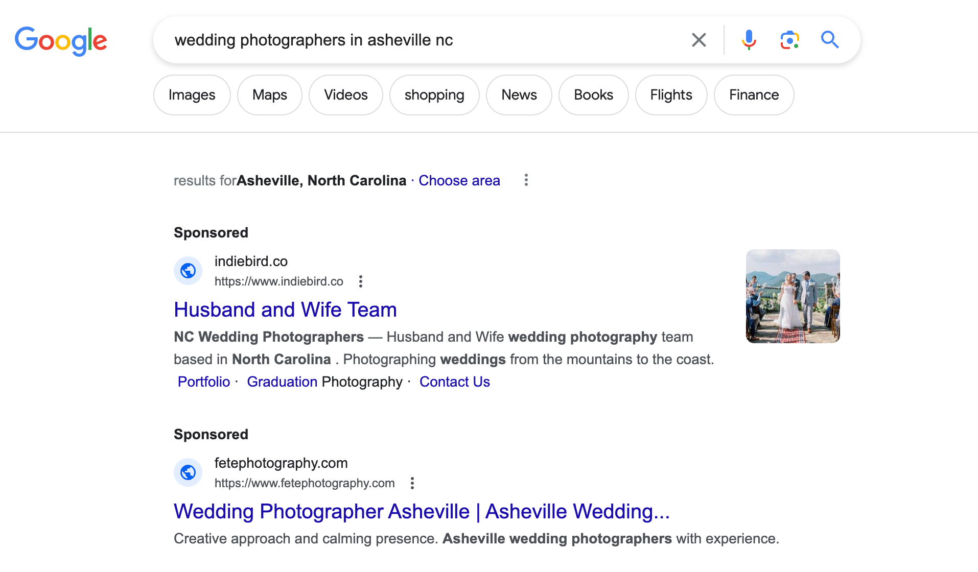 Search engine results page for user query wedding photographers in asheville nc