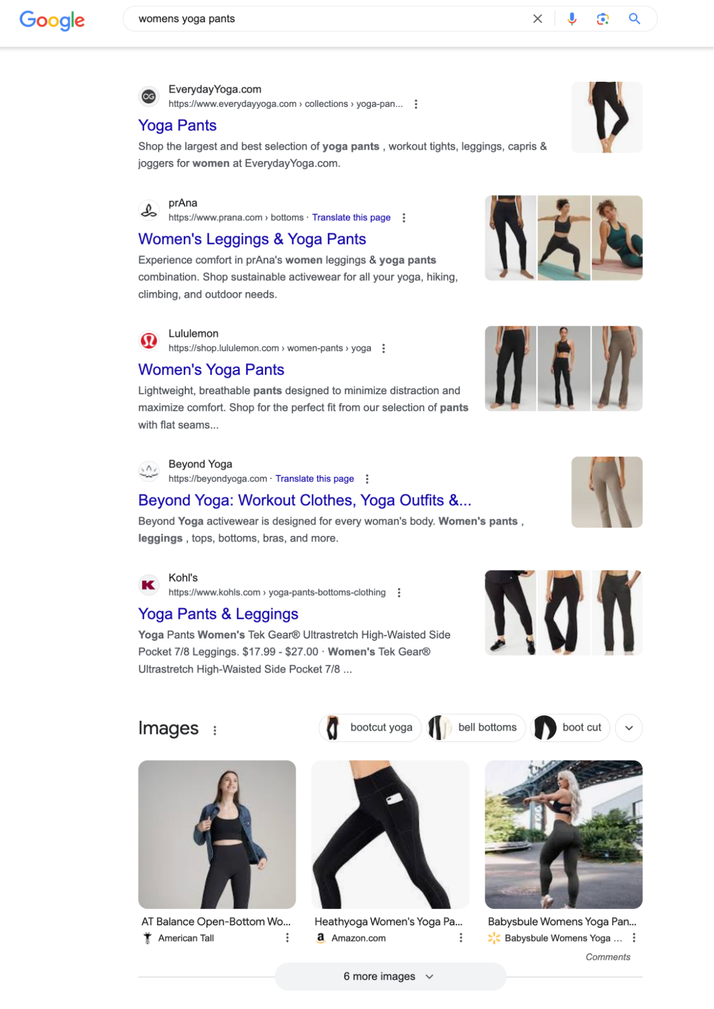 Image of SERP for keyword “women’s yoga pants” with organic listings for Everyday Yoga, prAna, Lululemon, and other brands.