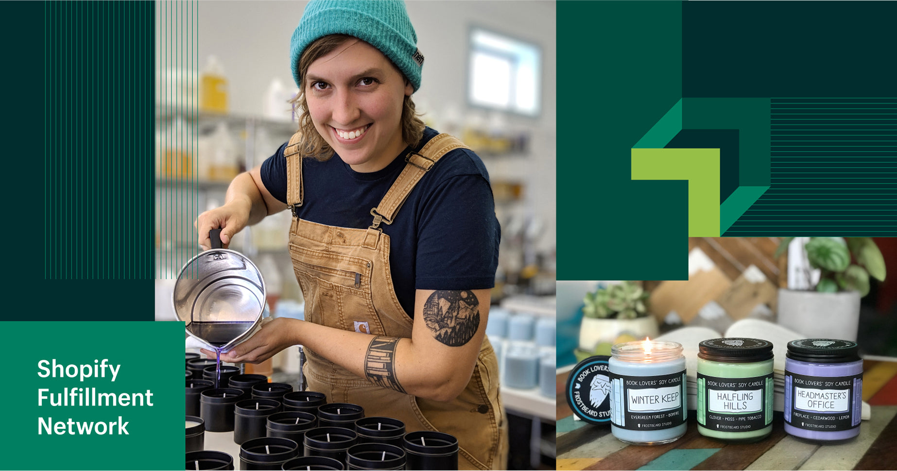 Founder of Frostbeard pouring hot candle wax into glass vessels