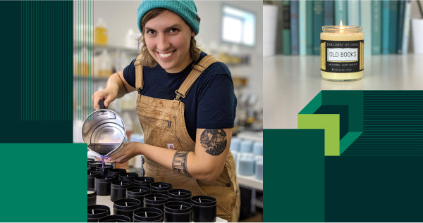 Founder of Frostbeard pouring wax into candle vessels