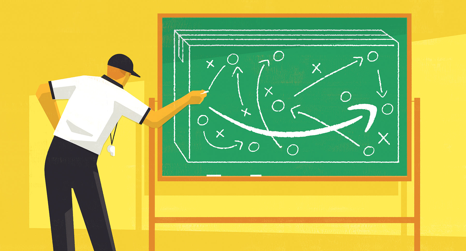 Illustration of a referee drawing an amazon logo on a chalkboard to show how to compete with Amazon