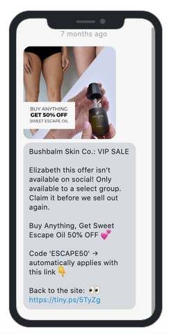 An SMS promotes a flash sale with product images, emojis, and a link to an online store.