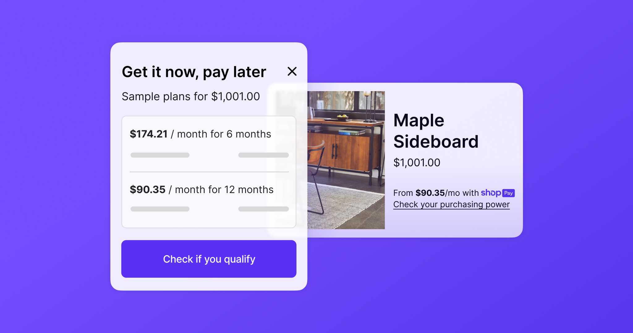 A preview of Shop Pay Installments purchasing power banners and estimated payment amounts