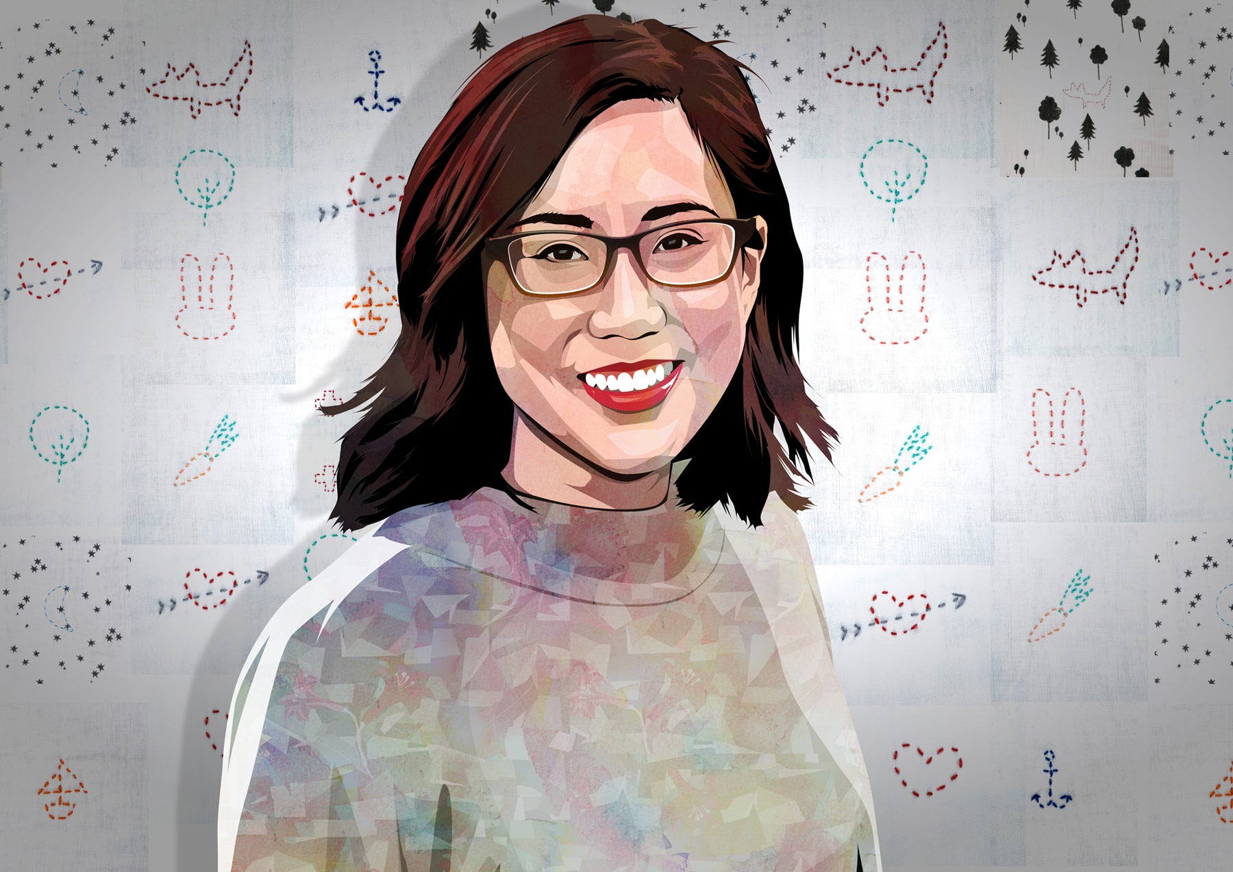 Illustration of Sarah Lin, founder of Ellie Fun Day, standing in front of a wall covered with embroidered designs.