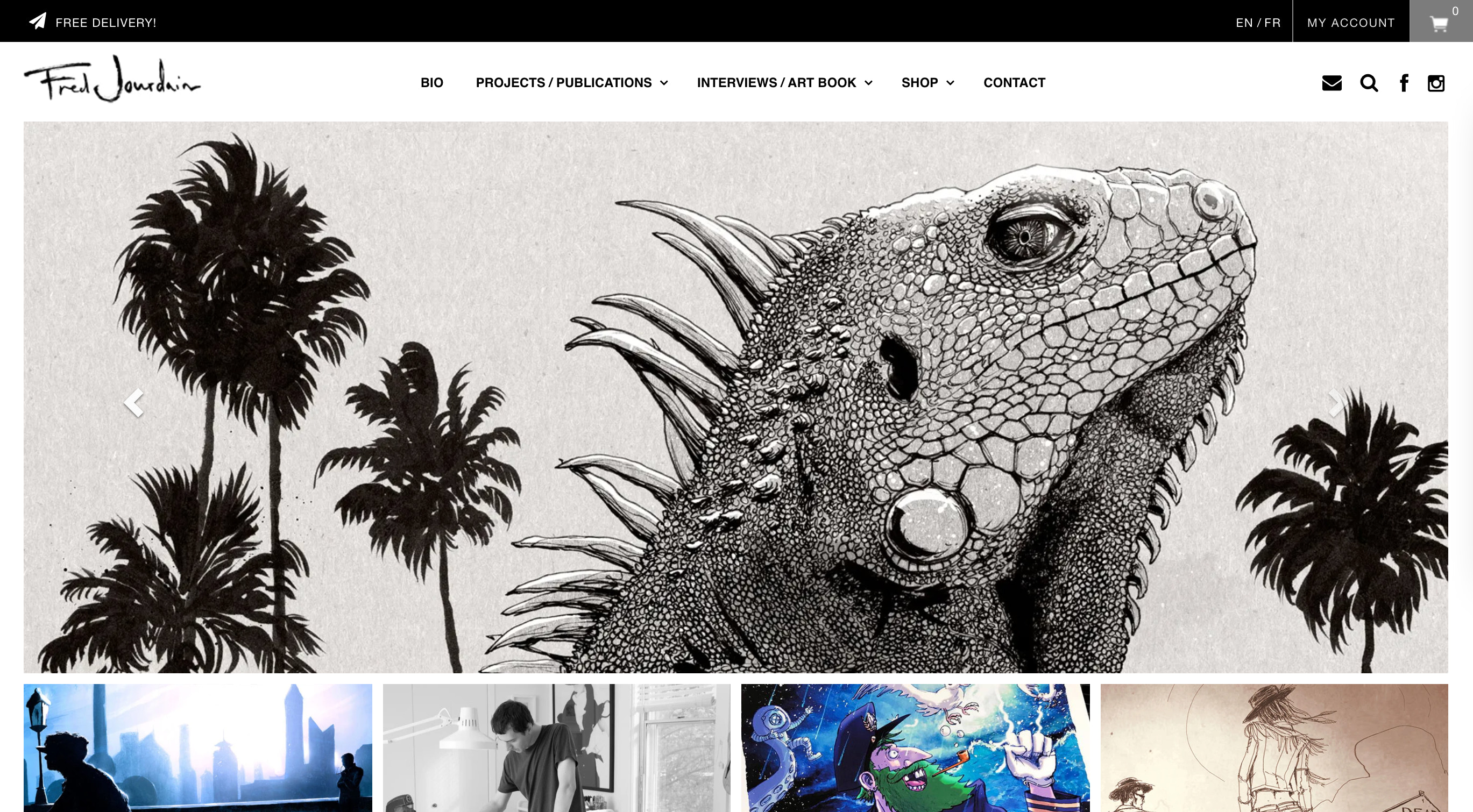 Storefront photo of Fred Jourdain's online store, showcasing various artwork