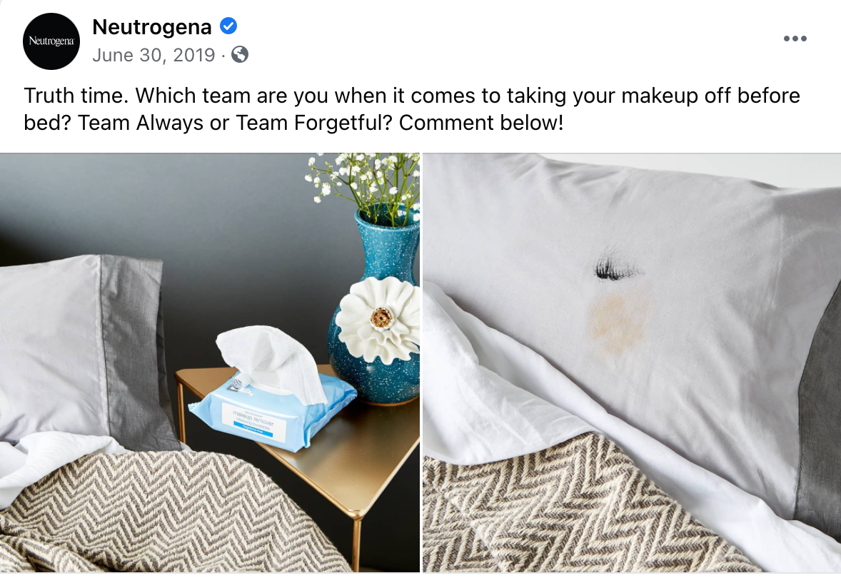 Neutrogena Facebook post asking whether you forget to take your makeup off before bed