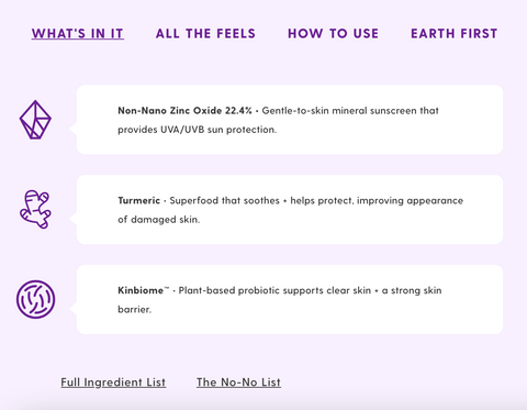 Screenshot from Kinship store showing product description and ingredients list using symbolic iconography