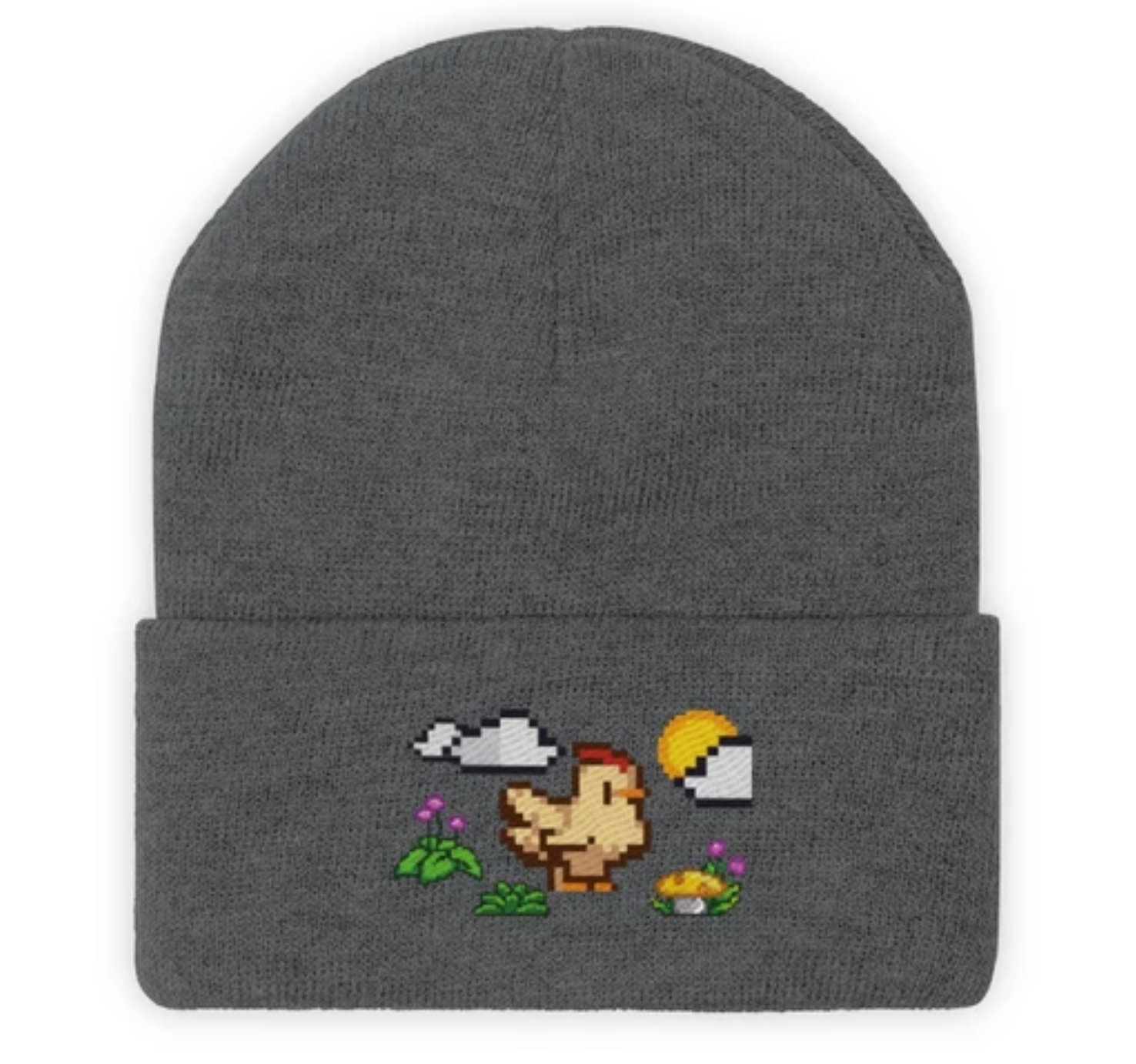 灰色毛线帽子上有小鸡图案