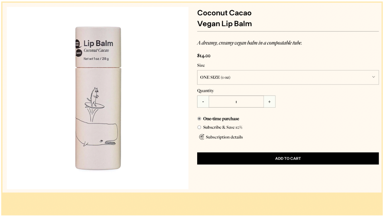 Coconut Cacao lip balm product page with image of product and ordering user interface