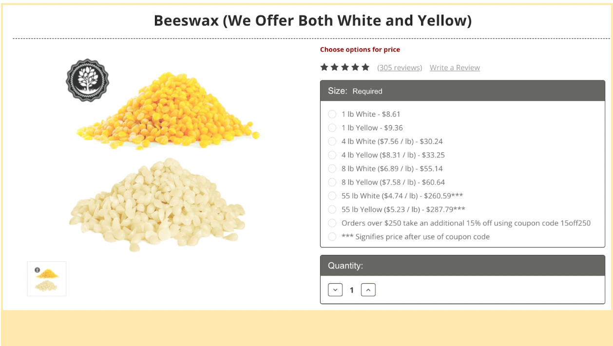 Two piles of beeswax shavings, one cream colored one yellow and price list