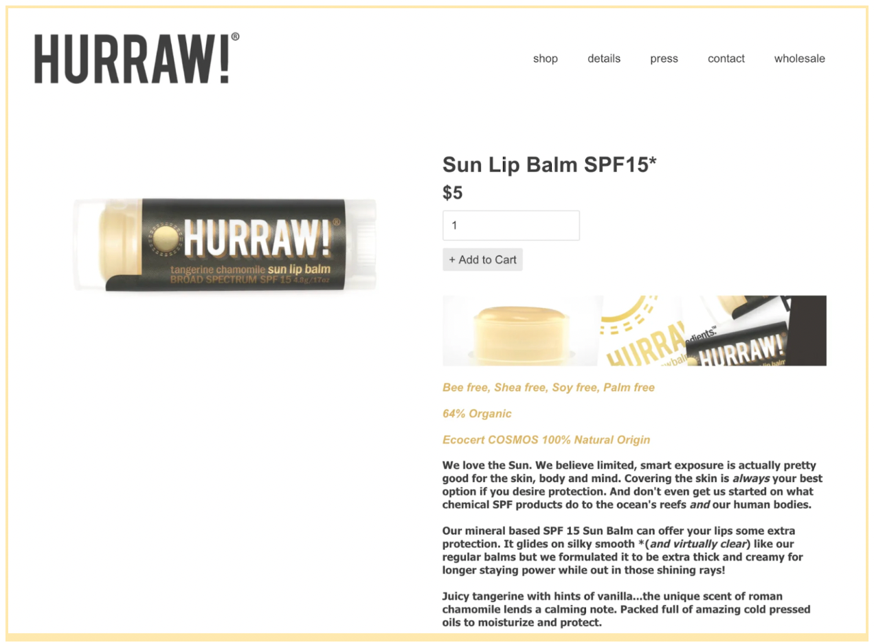 Hurraw! sun lip balm product page with ordering user interface