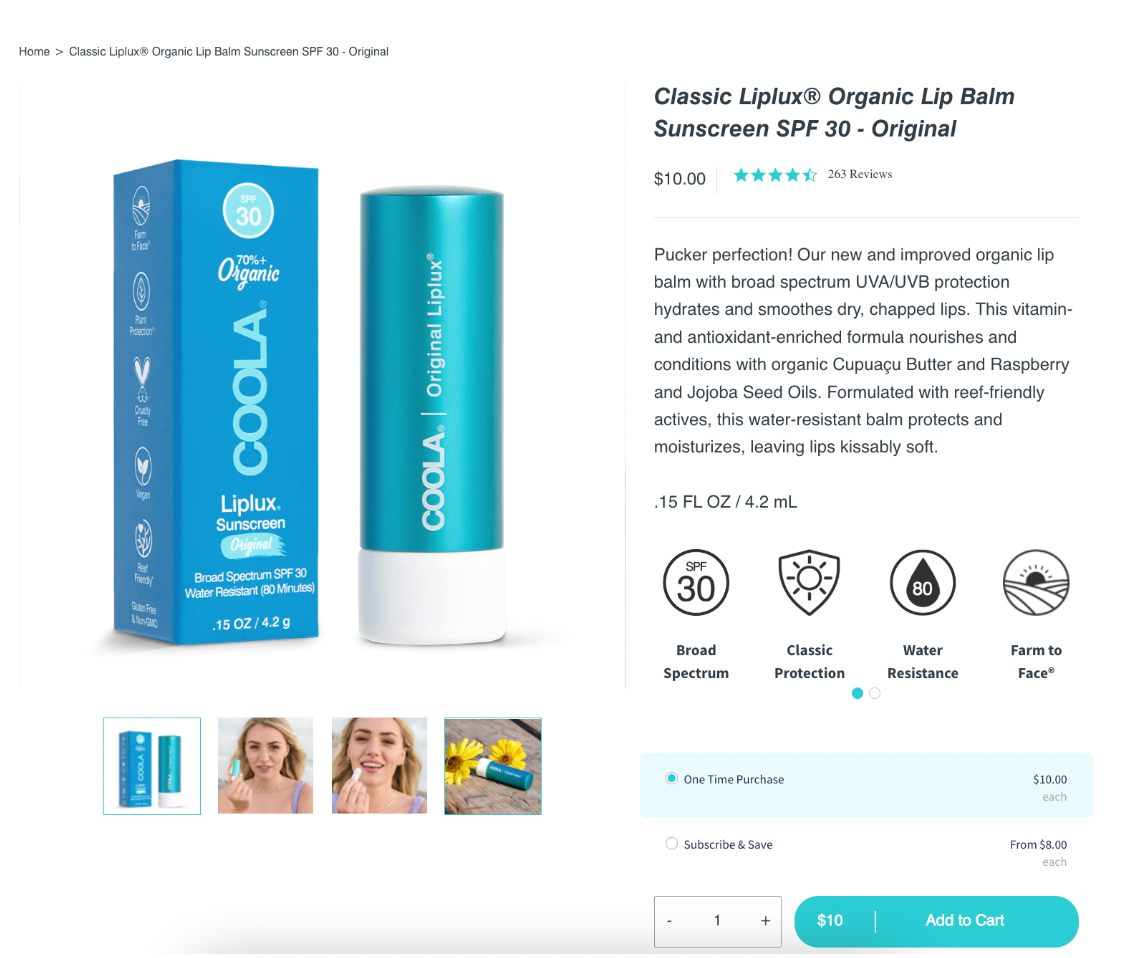 Coola organic SPF lip balm product page