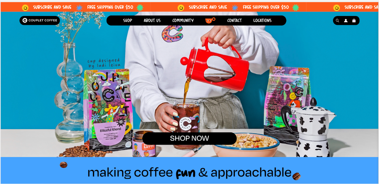 The main image on Coffee Couplet’s website is a person pouring tea into a beaker. 