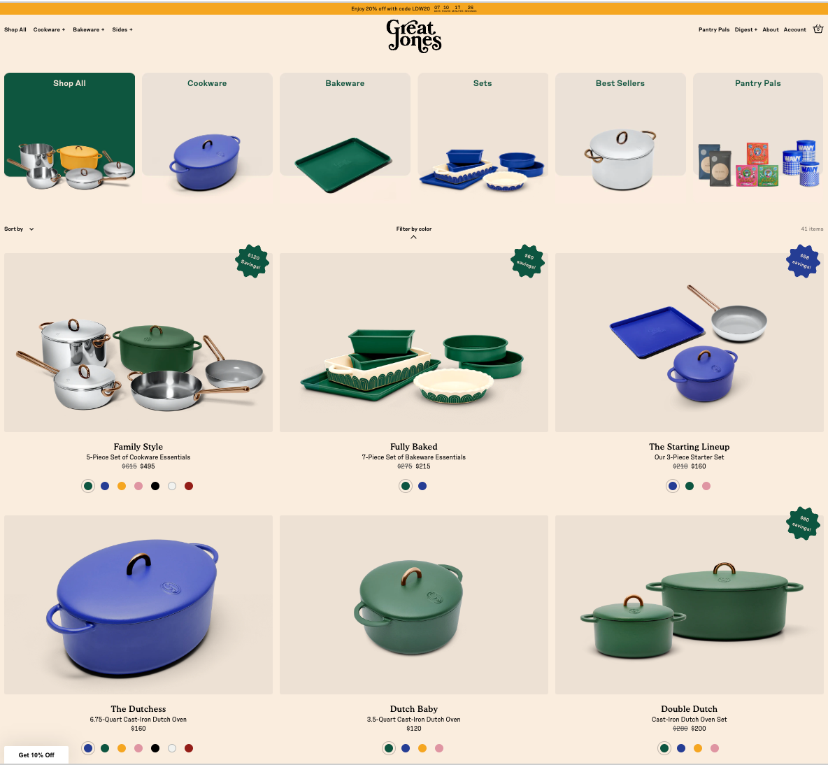 Great Jones’ product page has a clear photo of its pots and pans with product details off to the right.