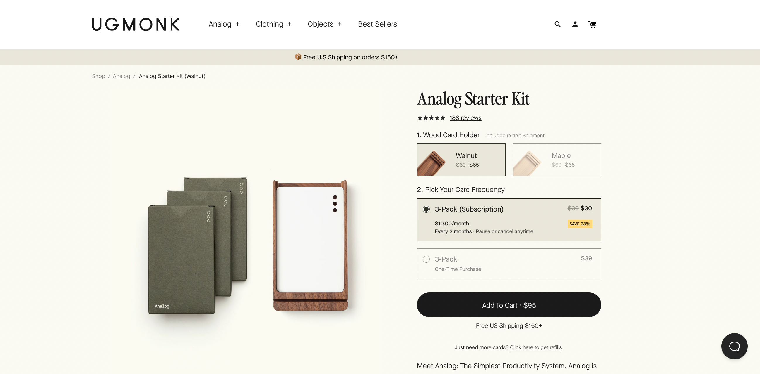 Ugmonk’s website showing its analog starter kit with subscription options shaded out. 