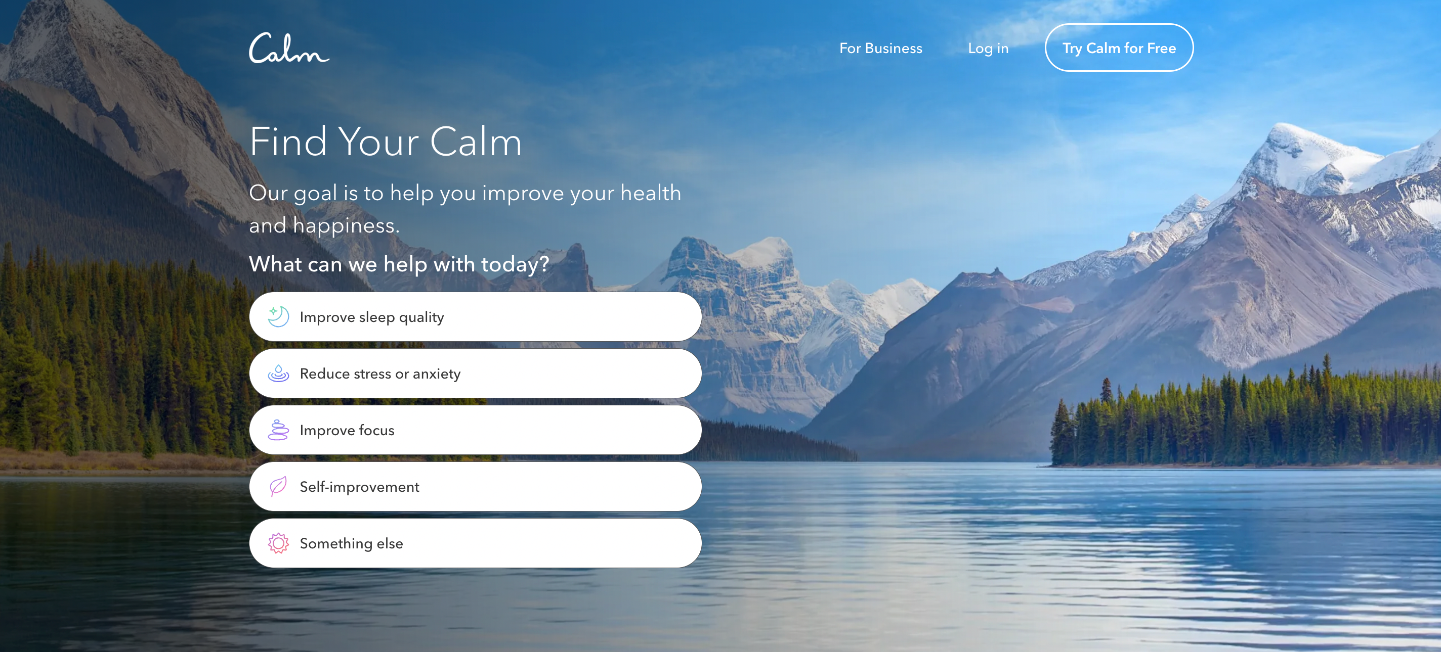 Calm’s one-page website with a white form against a beautiful mountain backdrop.