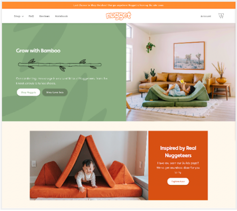 Nugget’s ecommerce store showing kids’ furniture products in orange and green tones.