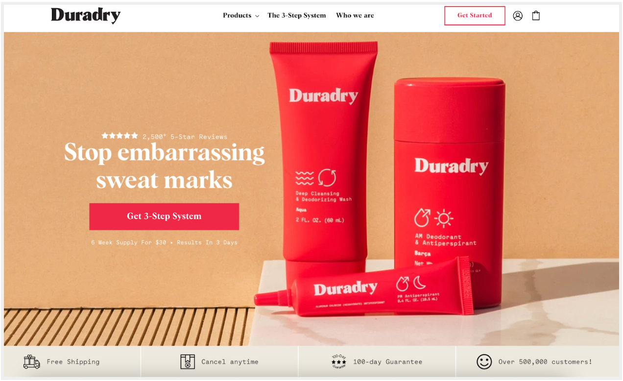 Duradry’s website uses a product photo as the background image, with text and reviews off to the side